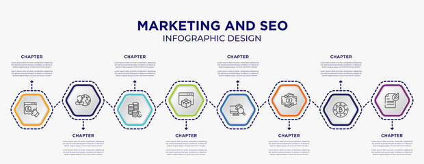 marketing and seo concept infographic template with 8 step or option. included monetizing, user, web package, monitoring system, dollar exchange, fresh content icons for abstract background.