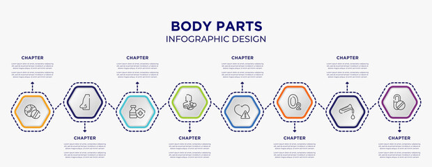 body parts concept infographic template with 8 step or option. included medicines time, male e shape of a line, mother with baby in arms, disease, oxygen, capsule icons for abstract background.