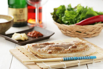 grilled pork belly BBQ , korean cuisine. samgyeopsal 