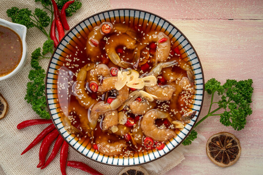 
Korean Soy Sauce Pickled Shrimp, Fresh Shrimp marinated in a mild soy sauce, Ganjang Gejang Korean traditional food.