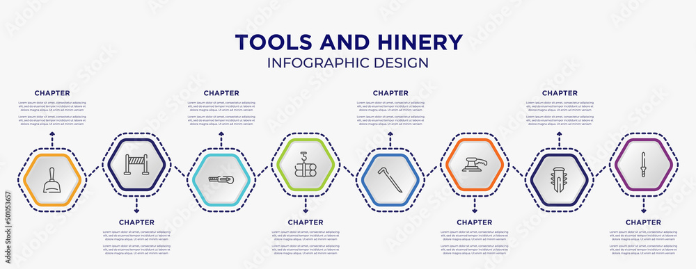 Wall mural tools and hinery concept infographic template with 8 step or option. included dustpan, road panel, tubes hook, crowbar, sanding hine, knife file icons for abstract background.