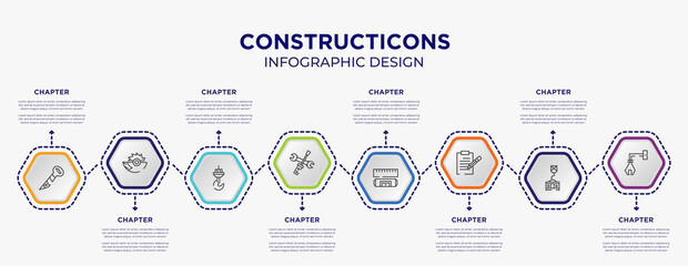 Naklejka premium constructicons concept infographic template with 8 step or option. included screw hand drawn tool, saw half cogwheel, screwdriver and doble wrench, rule and level, pencil on paper sheet, derrick