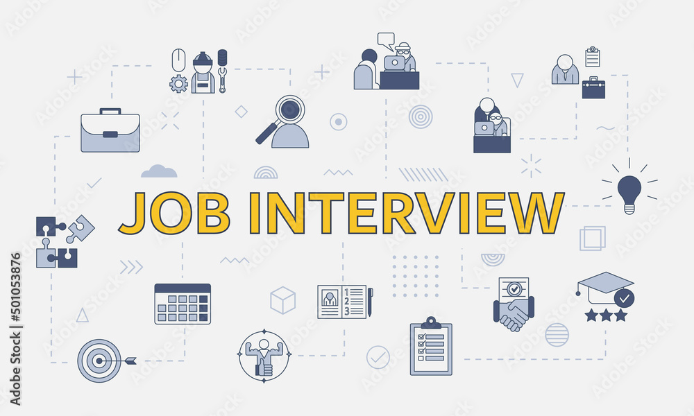Aufkleber job interview concept with icon set with big word or text on center