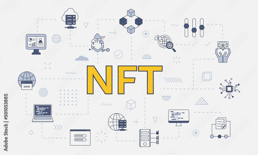 Poster nft non fungible token concept with icon set with big word or text on center
