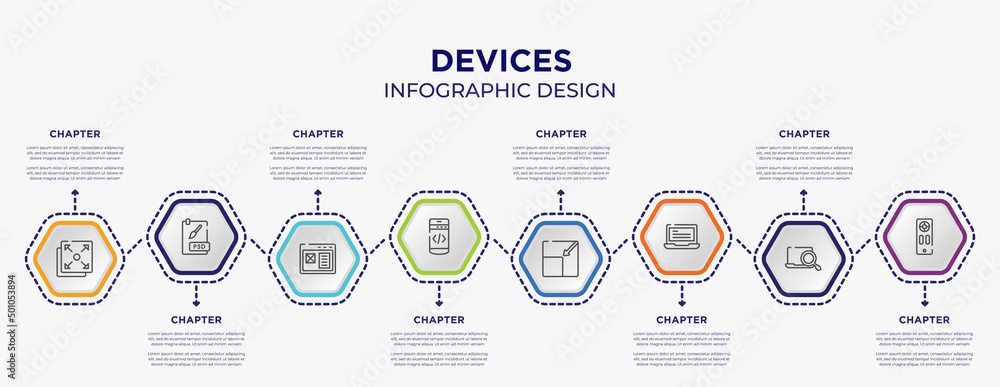 Wall mural devices concept infographic template with 8 step or option. included full screen, psd file, mobile p