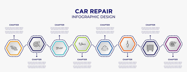 car repair concept infographic template with 8 step or option. included firewood trunks stacked, tyre, micrometer, utensils, garden palette, winter tires icons for abstract background.