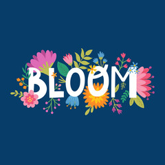 vector blue card with flowers and bloom text