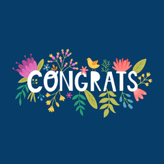 vector blue card with flowers and congrats text