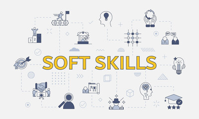 soft skills concept with icon set with big word or text on center - obrazy, fototapety, plakaty