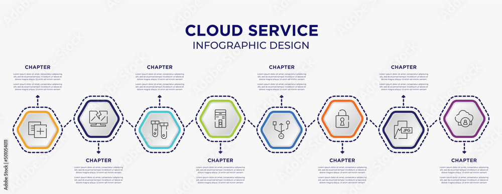 Poster cloud service concept infographic template with 8 step or option. included duplicate, broken laptop,