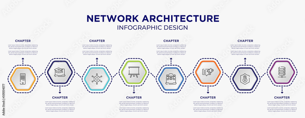 Poster network architecture concept infographic template with 8 step or option. included computer tower, on