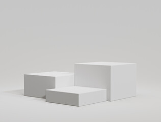 Three white cube podium for product display. scene with geometrical forms. empty showcase, 3d rendering.