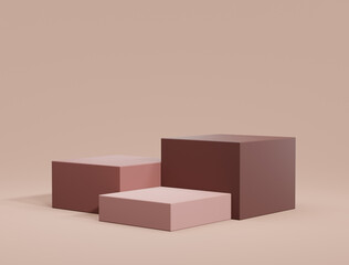 Three cube podium for product display. scene with geometrical forms. empty showcase, 3d rendering.