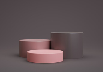 Three cylinder podium for product display. scene with geometrical forms. empty showcase, 3d rendering.