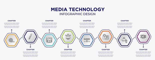 media technology concept infographic template with 8 step or option. included magnetic tape, digital pen, streaming, network hub, navigator, networld icons for abstract background.