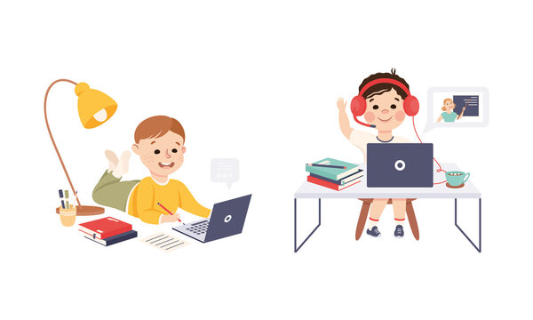 Cute boys learning online using laptop computers. Schoolkids at distance learning, homeschooling, e-learning cartoon vector illustration