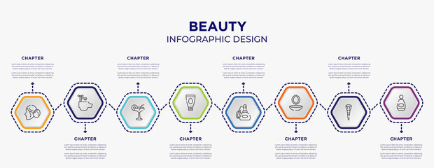 beauty concept infographic template with 8 step or option. included women hairstyling, hair washing sink, shaving cream, perfume retro bottle, powder and mirror, beauty perfume icons for abstract
