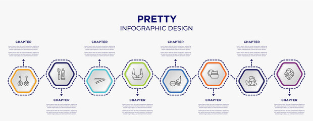 Naklejka premium pretty concept infographic template with 8 step or option. included two earrings, toothbrush and toothpaste, women brassiere, hair dye kit, facial cream, beauty face mask icons for abstract