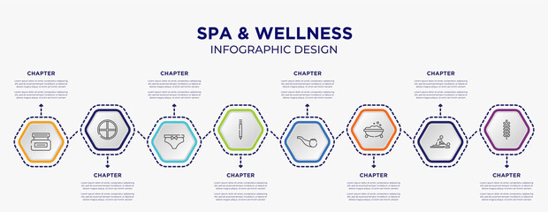 spa & wellness concept infographic template with 8 step or option. included hair cream, tray, eyebrow pencil, smoking pipe, foam, lavender icons for abstract background.