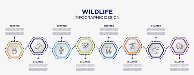wildlife concept infographic template with 8 step or option. included food cart, south africa, lemur, earrings, cable car cabin, tumbleweed icons for abstract background.