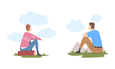 People enjoying of beautiful nature landscape while hiking on nature set cartoon vector illustration