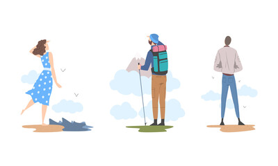 Fototapeta premium People enjoying of beautiful nature landscape set. Man and woman hiking on nature and walking on beach cartoon vector illustration