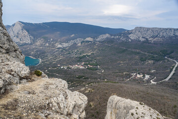Fototapeta na wymiar View of Laspi Bay from rocky crest Delikli-Burun lyas-Kaya mountain . Crimea