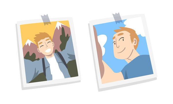 Photos of young people pinned to wall set. Selfie portraits of traveling young men cartoon vector illustration