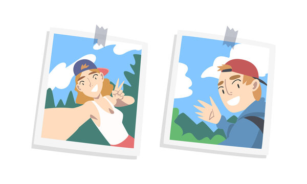 Photos of young people pinned to wall set. Selfie portraits of teenage boy and girl posing on nature cartoon vector illustration