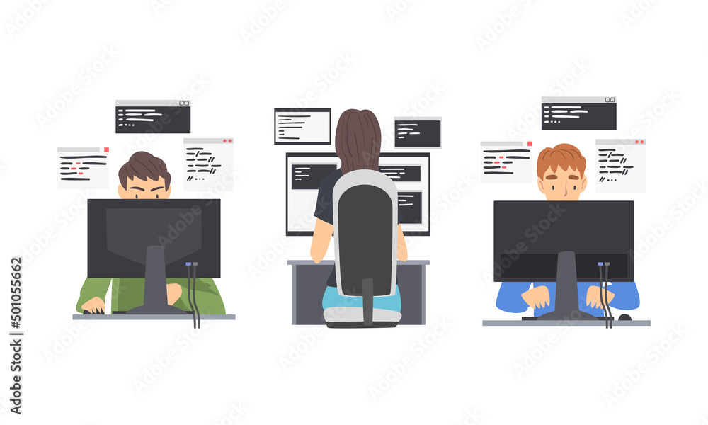 Sticker Programmers working on computers set. Software developers writing computer programs cartoon vector illustration