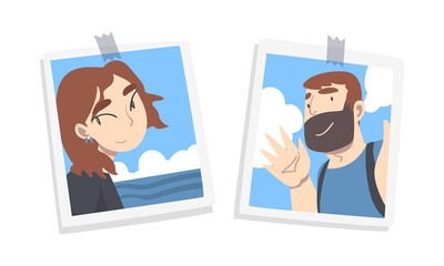 Photos of young people pinned to wall set. Selfie portraits of happy girl and man posing on nature cartoon vector illustration