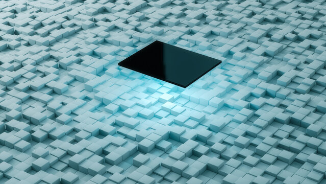 Abstract geometric background. Futuristic Sci Fi Grunge Dark Room With Cube Field and illuminating panel.
