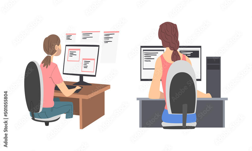 Poster Girls computer programmers writing computer software set cartoon vector illustration