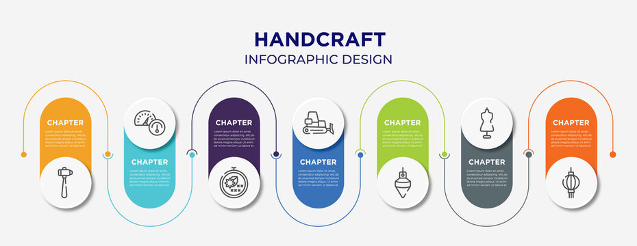 handcraft concept infographic design template. included sledgehammer, oil gauge, cross stitch, dozer, plumb bob, tailor, paper lantern icons for abstract background.