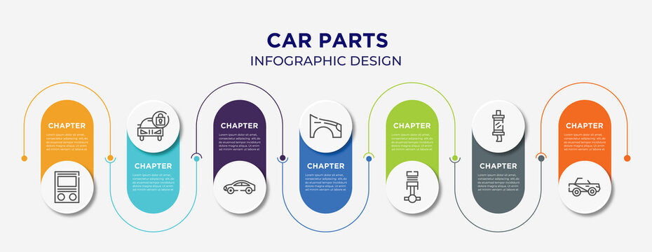 car parts concept infographic design template. included car fascia (british), car lock, hard top, fender (us, canadian), piston, silencer, soft top icons for abstract background.