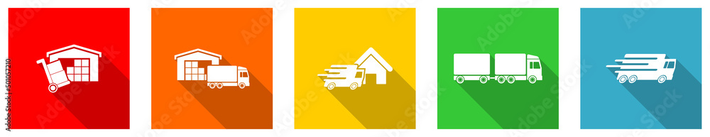 Poster Set of colorful web flat design logistic vector icons, delivery, transportation concept buttons for webdesign and mobile applications on white background