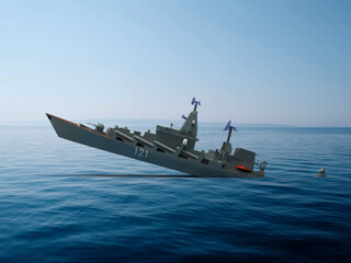 3d render Russian warship Moscow is sinking in the sea lined with Ukraine