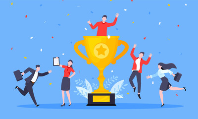 Happy business employee team winners award ceremony flat style design vector illustration. Employee recognition and best worker competition award team celebrating victory winner business concept. - obrazy, fototapety, plakaty