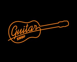 Acoustic guitar neon sign or vector icon of music shop, rock bar, live show or concert, night club, disco party or pub. Orange neon light silhouette of guitar, glowing string musical instrument