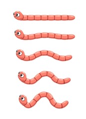 Naklejka premium Animated cartoon worm. Animation of crawl earthworm, vector personage of video game. Sprite asset of cute pink worm animal character with funny face and smile