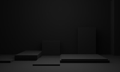 3D black geometric product podium. Dark stage background.