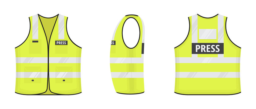 Safety reflective vest with label PRESS tag flat style design vector  illustration set. Yellow fluorescent security safety work jacket with  reflective stripes. Front, side, back view road uniform vest.  Stock-Vektorgrafik | Adobe