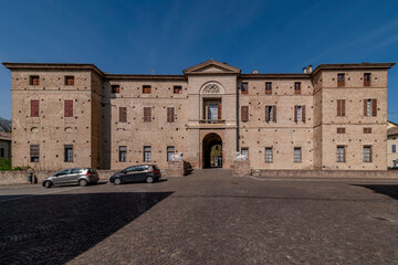 Fototapeta na wymiar The facade of the medieval fortress Meli Lupi, Soragna, Parma, Italy