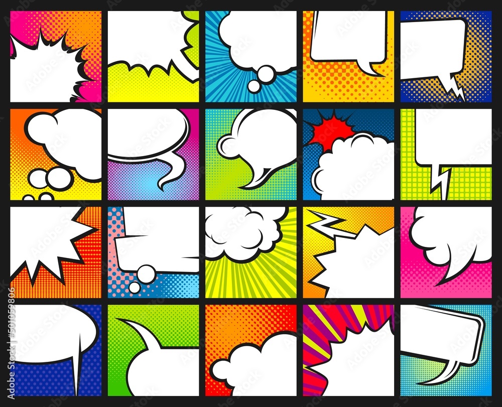 Poster cartoon speech bubbles, pop art comics background. chat, talk and think dialog vector frames or boxe