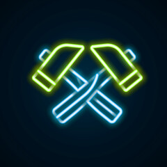 Glowing neon line Crossed hammer icon isolated on black background. Tool for repair. Colorful outline concept. Vector