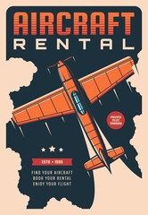 Aircraft rental service vintage poster with retro plane or airplane. Vector air travel, old aviation flight tours and pilot training banner with retro aeroplane or monoplane, propeller engine aircraft - obrazy, fototapety, plakaty