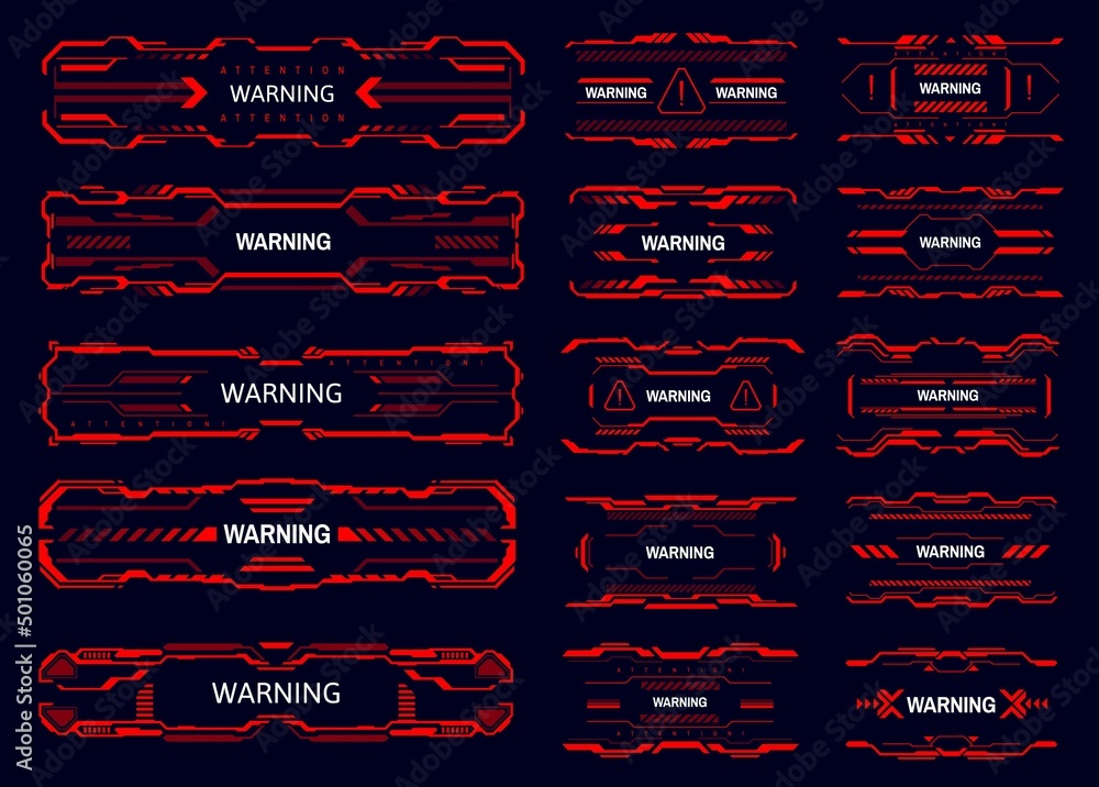Leinwandbilder HUD interface warning and caution, attention alert and danger zone, vector red signs. HUD frames of cyber game UI with alert boxes for warning and danger cation alert of attack or system damage error