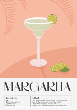 Contemporary poster of Margarita cocktail with lime wedge, cutted lime pieces and tropical palm brunch on the background. Classic alcoholic beverage recipe. Modern trendy print. Vector illustration.
