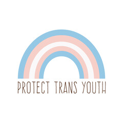 Square banner with rainbow in transgender flag colors. Card with Protect trans youth slogan. LGBTQ pride month. Vector illustration isolated on white. - obrazy, fototapety, plakaty