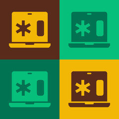 Obraz premium Pop art Medical clinical record on laptop icon isolated on color background. Health insurance form. Medical check marks report. Vector